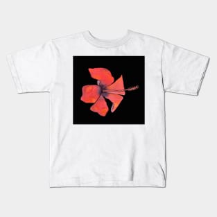 Red Hibiscus Tropical Watercolor Illustration with a black background Kids T-Shirt